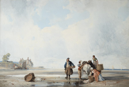 Oil painting on canvas, Coastal Scene of Northern France by Richard Parkes Bonington (Arnold, Near Nottingham 1802 ¿ London 1828), 1826. A wide stretch of sand with a group of four fisherfolk (a man, two women and a young boy) and their two ponies in the foreground on the right; the women are loading basket-panniers onto the ponies, the boy holds one of trhe ponies and the man holds a basket-tray on his left hip. Centre right on the sand is a wooden barrel with a wicker tray leaning on it and behind to the left in the distance is a Cottage and tree on a promontory. Distant view of the sea on the right. Two thirds of the painting is occupied by a large expanse of cloudy sky.